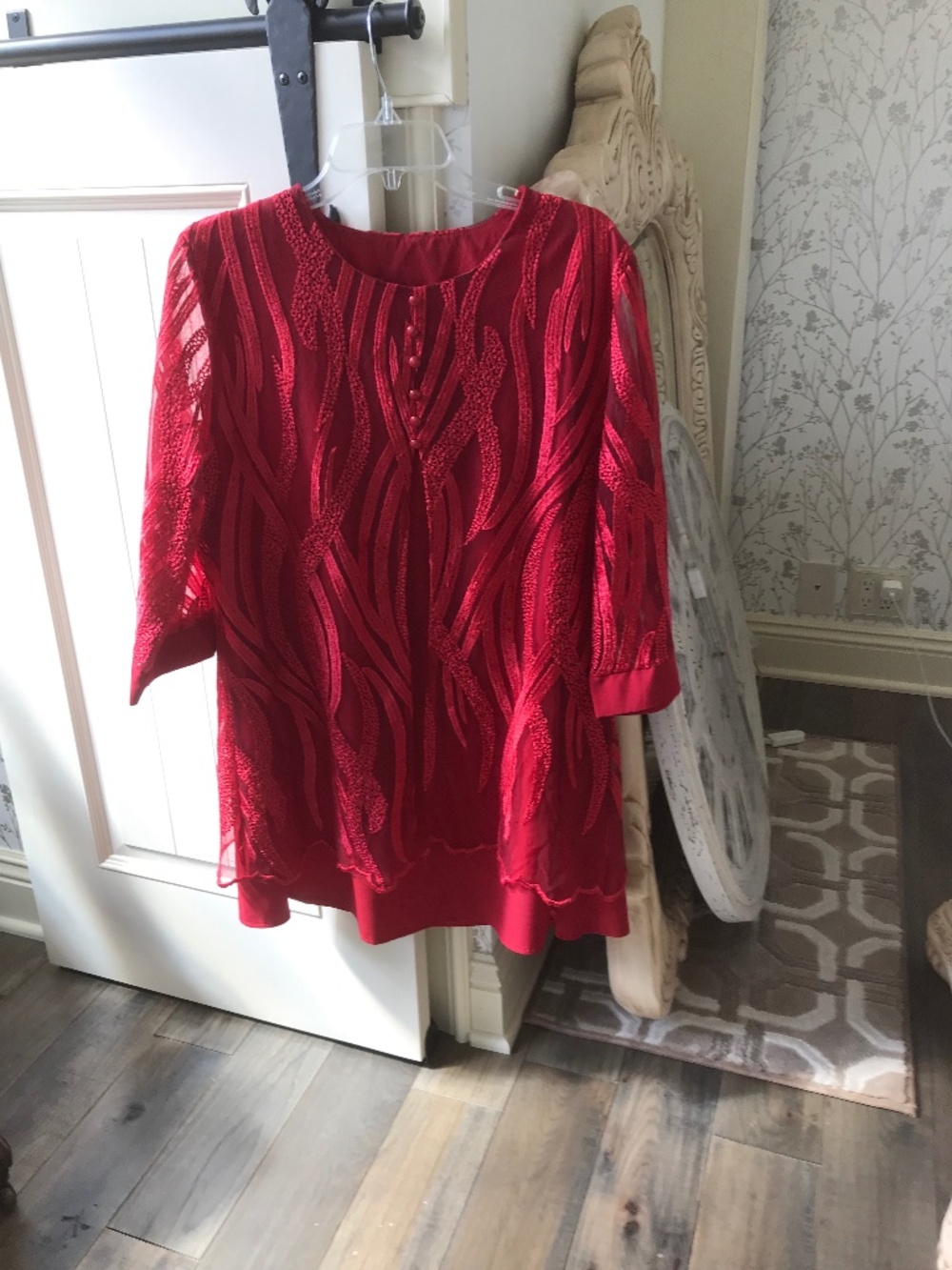 Red layered blouse.